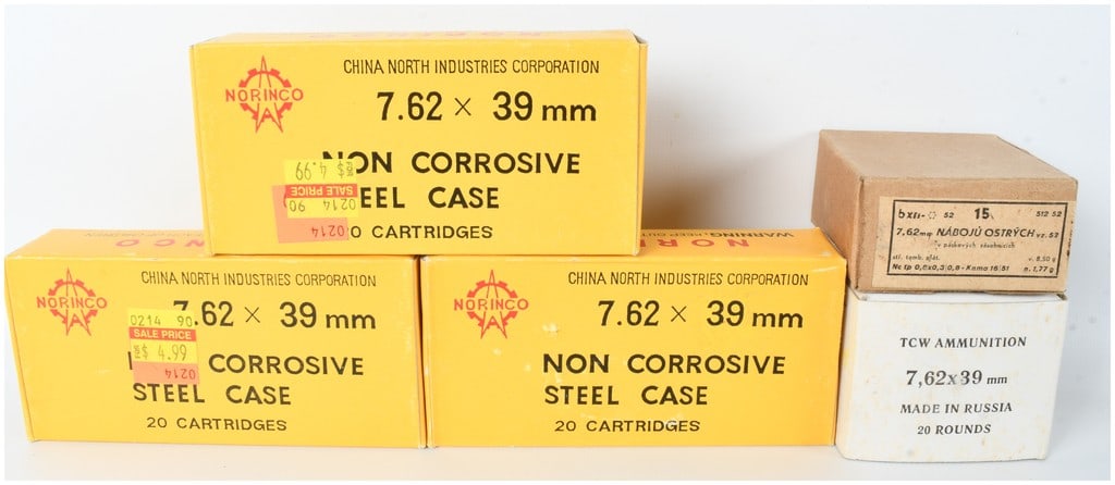 A Lot of 95 Rounds of Assorted Norinco TCW and Czech 7.62mm Ammunition: This lot consists of a collection of 95 rounds of ammunition in various calibers and packagings from China, Russia, and Czechoslovakia. Included are three 20-round yellow boxes of 7.62x39mm