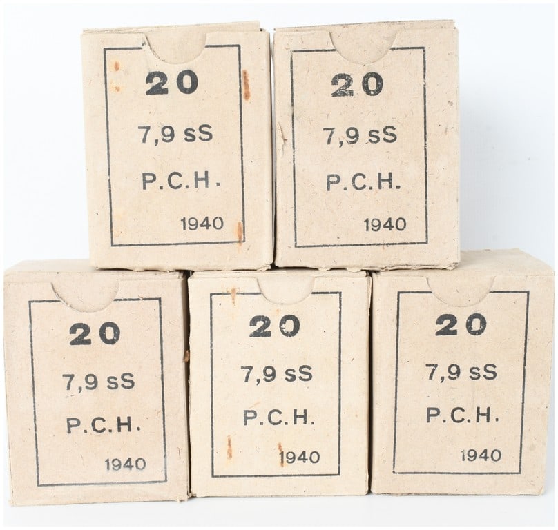 Greek Powder and Cartridge Company 7.92x57mm Mauser sS Ammunition 1940: This lot consists of 100 rounds of Greek military surplus 7.92x57mm Mauser ammunition, professionally packaged in five individual cardboard boxes containing 20 rounds each. The ammunition is the 7,9 s