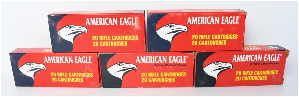 Federal American Eagle 7.62x39mm Soviet Ammunition A Lot of 100 Rounds: This lot consists of 100 rounds of 7.62x39mm Soviet centerfire rifle ammunition produced by the Federal Cartridge Company under the American Eagle brand. The collection comprises five original cardboa