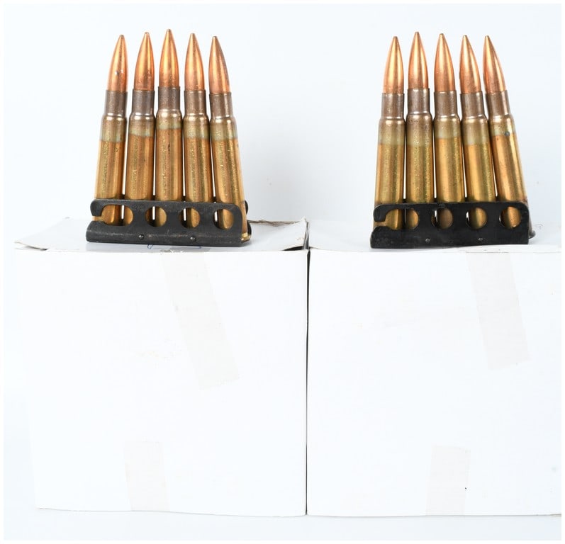 A Lot of 85 Rounds Hirtenberger .303 British Ammunition on Stripper Clips: This lot consists of 85 rounds of .303 British caliber centerfire rifle ammunition manufactured by Hirtenberger Patronenfabrik in Austria. The cartridges are organized on seventeen individual five-rou