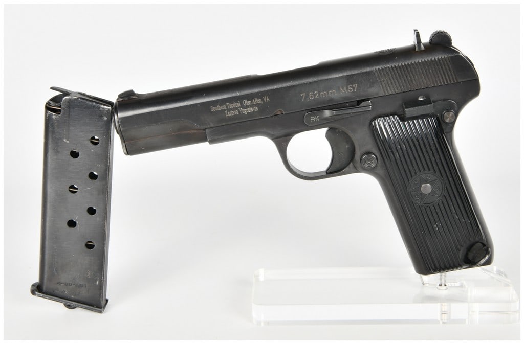 Zastava M57 Semi-Automatic Pistol 7.62x25mm Tokarev with 4.5 Inch Barrel: This Zastava M57 is a semi-automatic, single-action pistol chambered in 7.62x25mm Tokarev, representing the Yugoslavian evolution of the Soviet TT-33 design. It features a 4.5 inch barrel and a steel 