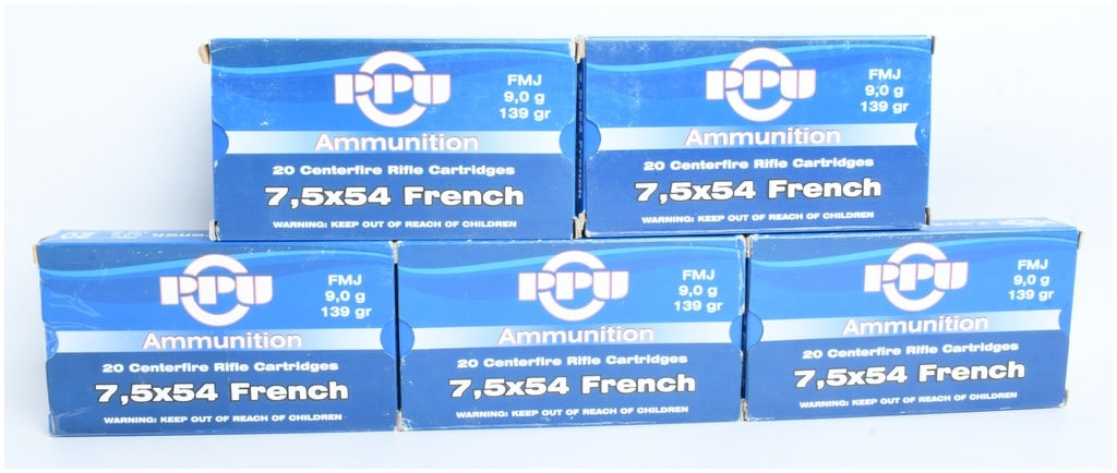 Prvi Partizan PPU 7.5x54 French FMJ Rifle Ammunition 100 Rounds: This lot consists of one hundred rounds of commercial centerfire rifle ammunition manufactured by Prvi Partizan (PPU). Chambered in 7.5x54 French, these rounds are equipped with 139-grain (9.0 g) Full