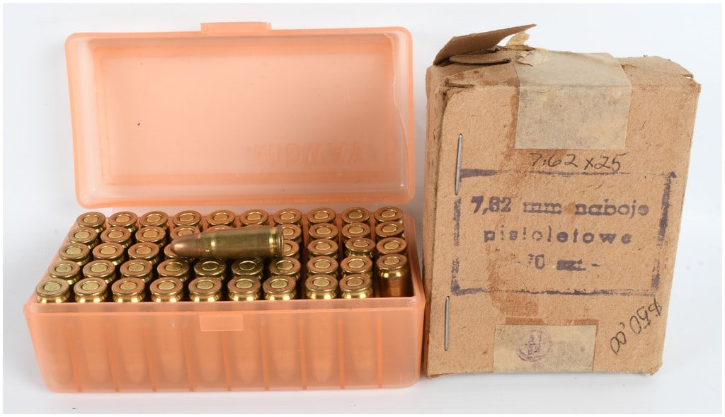 A Lot of 120 Rounds of Mesko 7.62x25mm Tokarev Ammunition: This lot comprises 120 rounds of 7.62x25mm Tokarev pistol ammunition, a caliber utilized in various Eastern Bloc sidearms and submachine guns. These cartridges are brass-cased with full metal jacket p