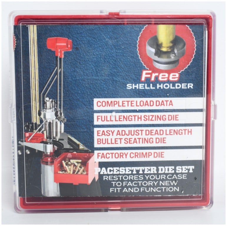 Lee Precision Pacesetter Three-Die Set 7.7 Japanese Caliber: A Lee Precision Pacesetter three-die set intended for reloading ammunition in the 7.7 Japanese caliber. The set is contained within its original red plastic storage case with a clear plastic lid. The 