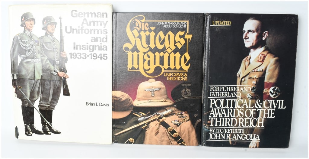 Angolia, Davis, and Schlicht. Three Reference Volumes on German Militaria. Various Publishers. (DJ): Three quarto-sized reference volumes specializing in the uniforms and awards of the German Third Reich between 1933 and 1945. The volumes are constructed with printed paper leaves bound in publisher c