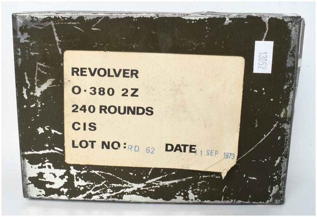 Chartered Industries of Singapore .380 Revolver 2Z Cartridges Lot of 240 Rounds 1973: This lot consists of a metal ammunition storage tin containing a total of 240 rounds of .380 Revolver cartridges manufactured by Chartered Industries of Singapore. The ammunition is organized into twe