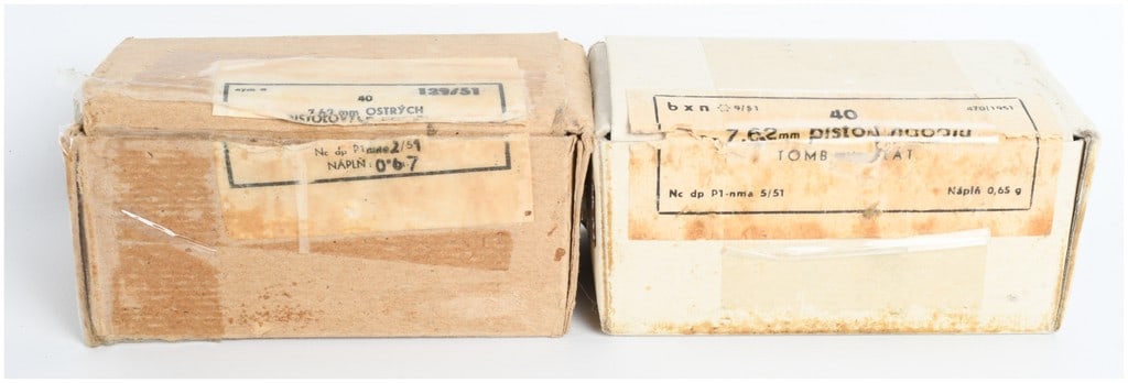 A Lot of 80 Rounds of Czech Military 7.62x25mm Tokarev Ammunition 1951: This lot contains a verified total of 80 rounds of Czech military surplus 7.62x25mm Tokarev pistol ammunition, packaged in two original 40-round cardboard boxes. The cartridges are primarily brass-cas