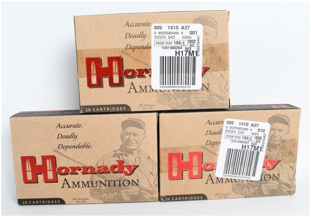 A Lot of 60 Rounds of Hornady Custom Centerfire Ammunition 7.7x58 Jap: This lot consists of 60 rounds of Hornady Custom centerfire rifle ammunition chambered in 7.7x58 Japanese. The ammunition is loaded with 150-grain soft point (SP) projectiles, designed for hunting and