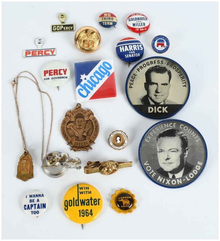 A Collection of Mid-20th Century Political Campaign Memorabilia and Assorted Vintage Pins: This collection comprises an assortment of vintage items, primarily centered on mid-20th-century American political campaign memorabilia with several academic, military, and decorative pieces. The pol