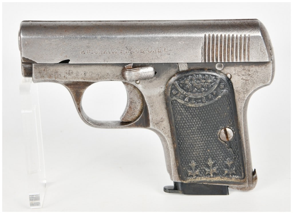 Spanish Eibar-Type Semi-Automatic Pocket Pistol 6.35mm: This is a Spanish Eibar-type semi-automatic pocket pistol chambered in 6.35mm (.25 ACP), a design heavily influenced by the Browning Model 1906. This example features a blowback action and a single-st