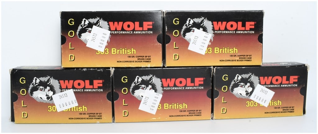A Lot of 100 Rounds of Wolf Gold Performance Ammunition .303 British: This lot consists of 100 rounds of Wolf Gold Performance ammunition chambered in .303 British, presented in five individual boxes of 20 cartridges each. These rounds are loaded with 150-grain copper s