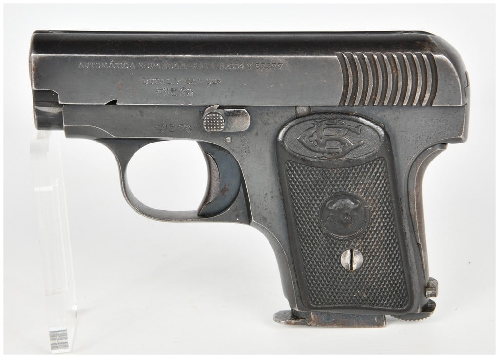 Gabilondo y Cia Bufalo Semi-Automatic Pocket Pistol 6.35mm: This is a Spanish Gabilondo y Cia Bufalo semi-automatic pocket pistol chambered in 6.35mm (.25 ACP). It features a compact design intended for vest pocket carry with a fixed barrel and a simple blowba