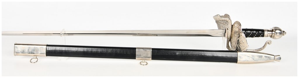 Modern Decorative Indian Serpent-Hilt Rapier Replica and Scabbard: This is a modern decorative sword of Indian manufacture, designed as a fantasy-style rapier featuring serpent motifs. The straight, double-edged blade is constructed of steel with a bright chrome or n