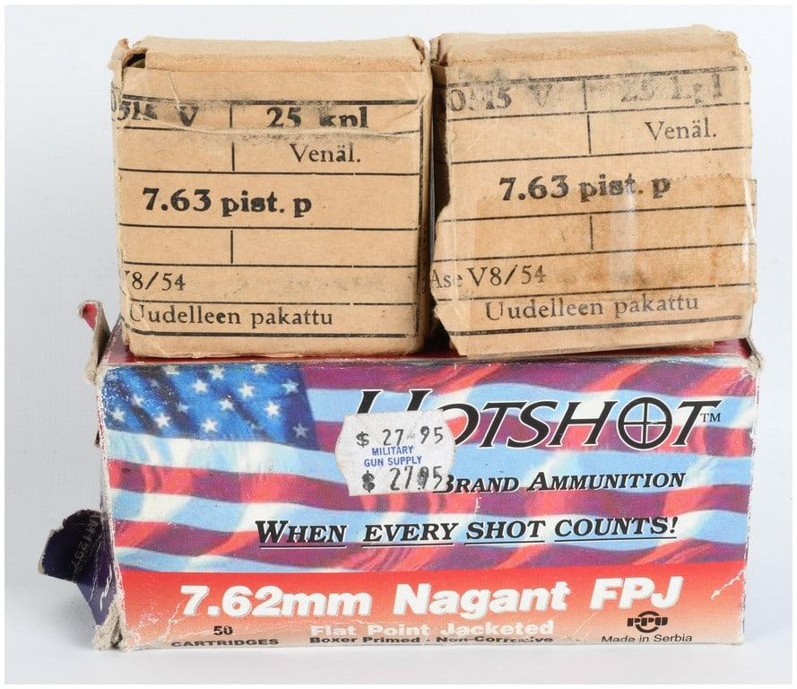 A Lot of 88 Rounds of 7.62mm Nagant and 7.63mm Pistol Ammunition: This lot consists of a total of 88 rounds of centerfire pistol ammunition across three boxes. One partial commercial box contains 42 rounds of Hotshot brand 7.62mm Nagant ammunition. These cartridges 