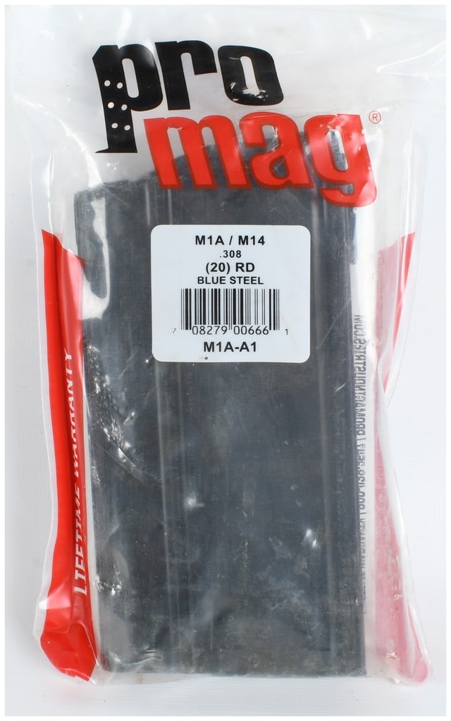 ProMag M1A-A1 20-Round Rifle Magazine .308 Winchester: This lot consists of a single ProMag 20-round magazine designed for use with Springfield M1A and M14 rifles chambered in .308 Winchester. The magazine is constructed of blued steel and is currently se