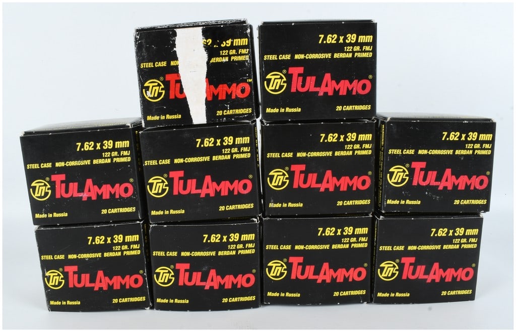 A Lot of 180 Rounds of TulAmmo 7.62x39mm 122 Grain FMJ Ammunition: This lot consists of 180 rounds of TulAmmo brand 7.62 x 39 mm ammunition, a caliber widely used in various semi-automatic rifles. The cartridges are configured with 122 grain full metal jacket project