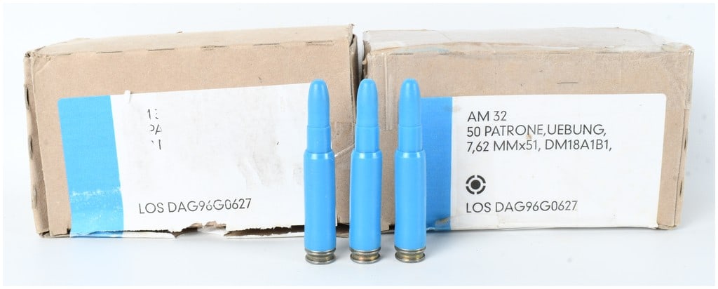Dynamit Nobel DM18A1B1 .308 Win Blue Plastic Training Ammunition 100 Rounds: This lot features 100 rounds of German military training ammunition chambered in 7.62x51mm NATO, which is functionally equivalent to .308 Winchester. These cartridges, manufactured by Dynamit Nobel AG