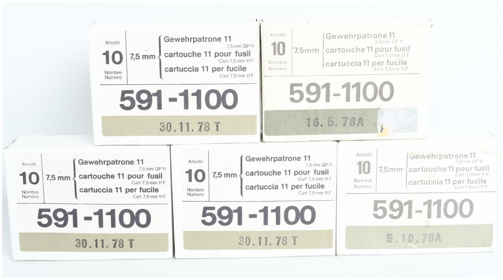 A Lot of 50 Rounds of Swiss Military GP 11 7.5x55mm Rifle Ammunition 1978: This lot consists of 50 rounds of Swiss military-issue 7.5x55mm GP 11 rifle ammunition, partitioned into five original 10-round cardboard boxes. Designed for use in Swiss service rifles such as the K3
