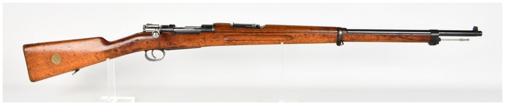 Carl Gustafs Stads Gevärsfaktori Model 1896 Bolt Action Rifle 6.5x55mm with 29 Inch Barrel 1918: This is a Swedish Model 1896 (m/96) bolt action service rifle chambered in 6.5x55mm, configured with a 29 inch barrel and a full-length walnut stock. The receiver bridge is stamped with a crown over C