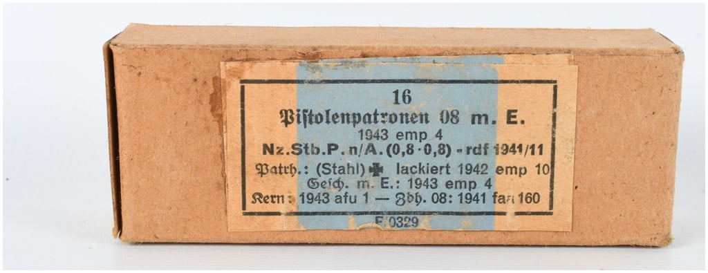 A Lot of 16 Dynamit A.G. Pistolenpatronen 08 m.E. 9mm Luger Cartridges 1943: This lot consists of sixteen original rounds of German military 9mm Luger ammunition, specifically the Pistolenpatronen 08 m.E. (mit Eisenkern) variant featuring a sintered iron core projectile. These
