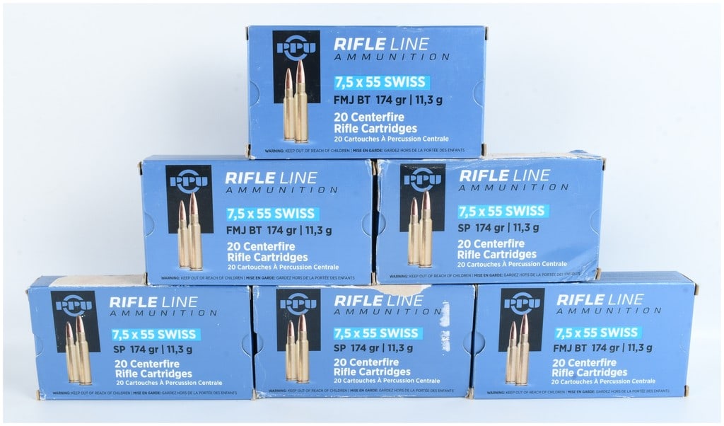 Prvi Partizan Rifle Line Ammunition 7.5x55mm Swiss 120 Rounds: This lot consists of 120 rounds of Prvi Partizan (PPU) Rifle Line centerfire rifle ammunition chambered in 7.5x55mm Swiss. The collection is composed of six individual 20-round boxes, offering a balan
