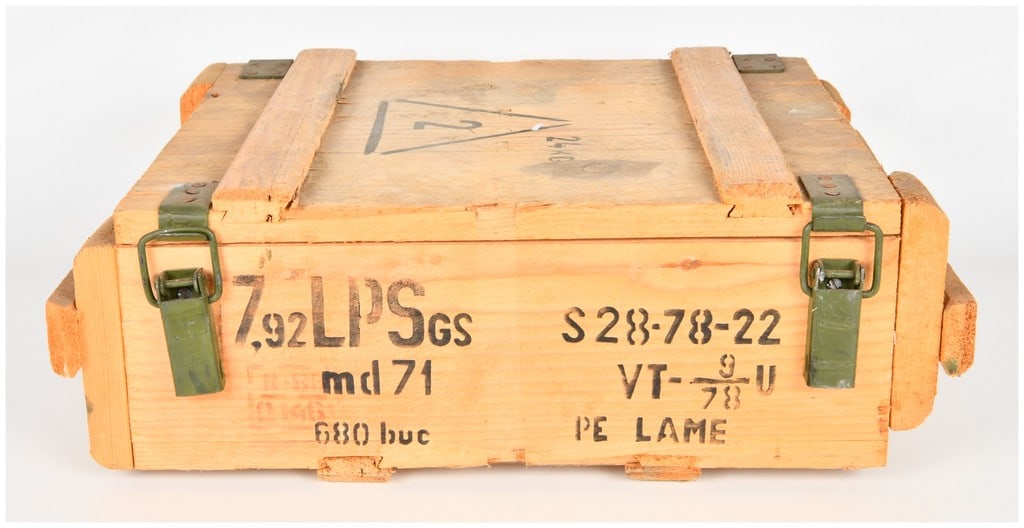 Romanian Military md 71 Ammunition Crate 7.92mm Measuring 19 X 13.5 X 6 Inches: This is an empty Romanian military wooden ammunition crate, measuring approximately 19 inches by 13.5 inches by 6 inches, originally designed to transport 7.92x57mm Mauser cartridges. The crate is con