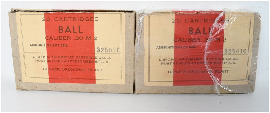 A Lot of 40 Rounds of Denver Ordnance Plant .30 M2 Ball Ammunition 1943: This lot consists of 40 rounds of World War II military issue ammunition manufactured at the Denver Ordnance Plant. The ammunition is contained within two original cardboard boxes, each labeled for 20