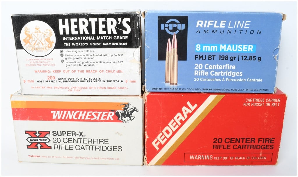 A Lot of 67 Rounds of 8mm Mauser Ammunition: This collection consists of a total of 67 rounds of 8mm Mauser centerfire rifle ammunition from several prominent manufacturers, including Herter's, PPU, Winchester, and Remington, designed for use