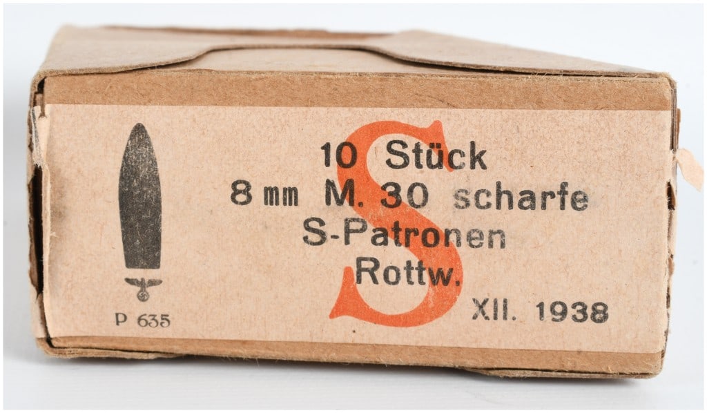 A Lot of 10 Rottweil 8x56mmR M.30 Scharfe S-Patronen Ammunition 1938: This lot consists of ten rounds of German-manufactured 8x56mmR (8mm M.30) ammunition, organized on two five-round steel en-bloc clips for use in the Austrian M30 Steyr Mannlicher carbine. The