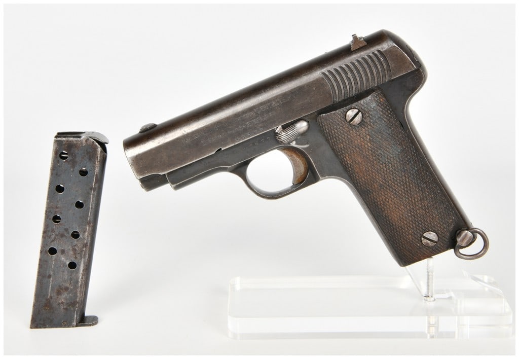 Isidro Gaztanaga Destroyer Semi-Automatic Pistol 7.65mm: This is a Spanish semi-automatic blowback pistol manufactured by Isidro Gaztanaga in Eibar and chambered in 7.65mm (.32 ACP). Identified as the Destroyer model, this firearm is a variant of the