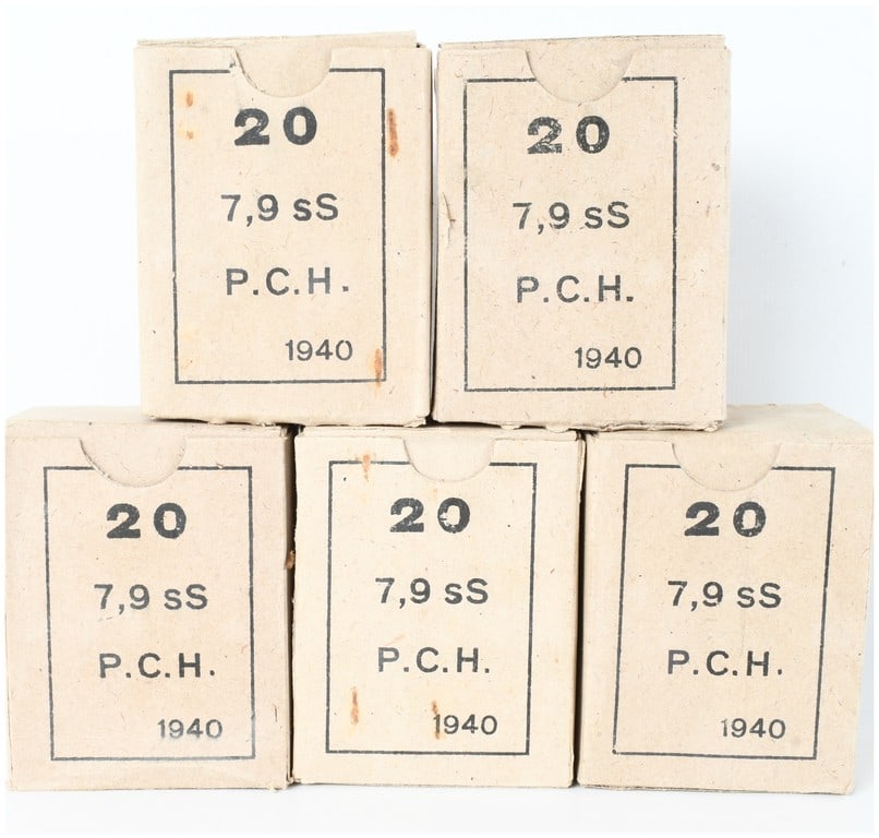 A Lot of 100 Rounds Poudrerie et Cartoucherie Hellenique 7.92x57mm Mauser sS Ammunition 1940: This lot consists of 100 rounds of Greek military surplus 7.92x57mm Mauser ammunition, organized into five original 20-round cardboard boxes. The ammunition features the sS (schweres Spitzgeschoß)