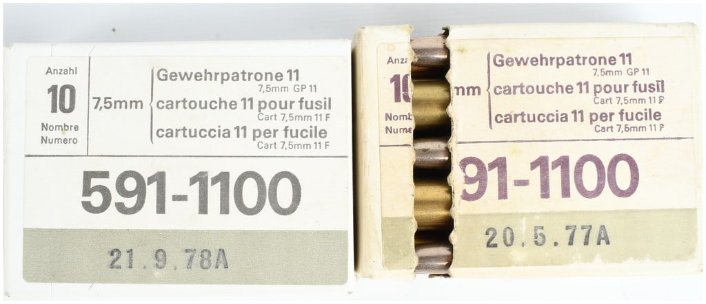 A Lot of 20 Rounds Swiss Federal Factories Gewehrpatrone 11 (GP11) Rifle Ammunition 7.5x55mm: This lot comprises 20 rounds of Swiss Gewehrpatrone 11 (GP11) rifle ammunition chambered in 7.5x55mm. The ammunition is packaged in two original 10-round cardboard boxes featuring trilingual labeling