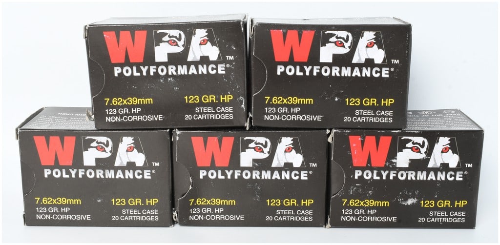 A Lot of 100 Rounds of Wolf WPA Polyformance 7.62x39mm 123 Grain HP Ammunition: This lot features a collection of 100 rounds of Wolf Performance Ammunition (WPA) Polyformance 7.62x39mm cartridges, a common chambering for sporting and military-style rifles such as the AK-47 or