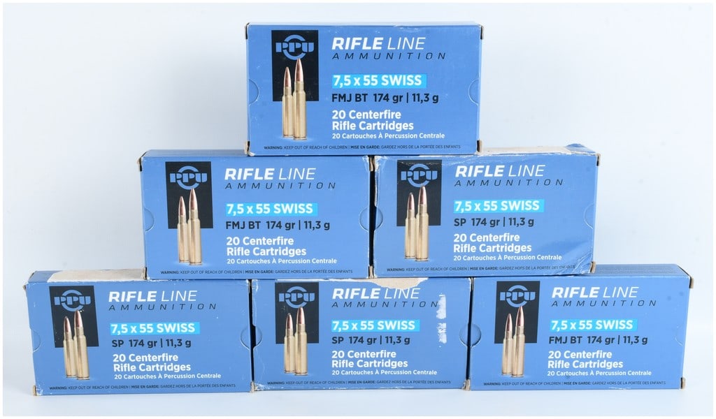 A Lot of 120 Rounds PPU Rifle Line 7.5x55mm Swiss Ammunition: This lot consists of 120 rounds of PPU Prvi Partizan Rifle Line centerfire rifle ammunition chambered in 7.5x55mm Swiss. The collection is comprised of six factory boxes, each containing 20 cartridges