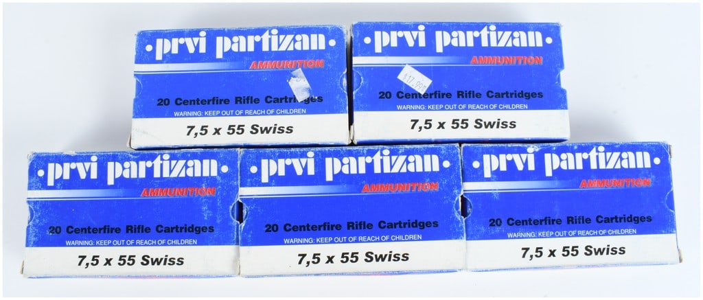 A Lot of 100 Rounds of Prvi Partizan Ammunition 7.5 x 55 Swiss: This lot comprises 100 rounds of Prvi Partizan centerfire rifle ammunition in 7.5 x 55 Swiss caliber, intended for use in Swiss service rifles such as the K31 and Schmidt-Rubin models. The collection 