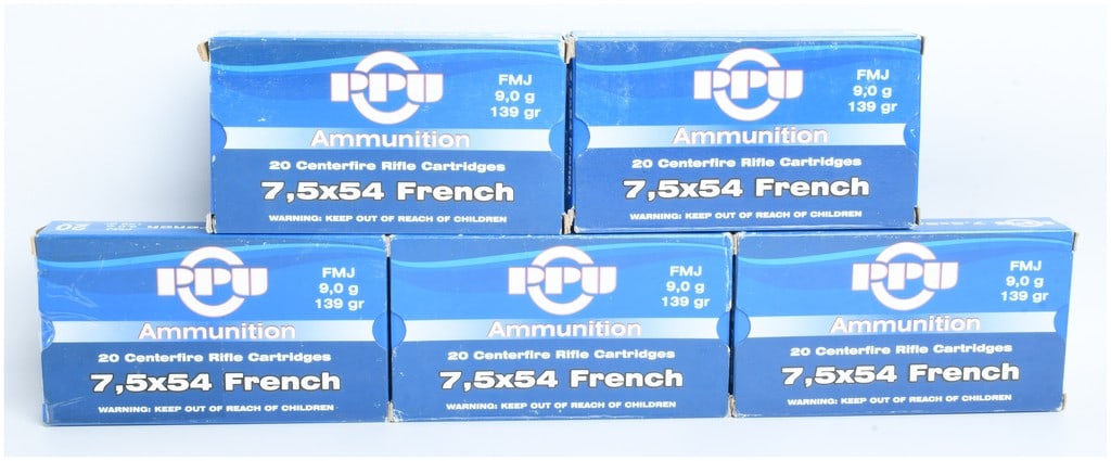 A Lot of 100 Rounds of Prvi Partizan PPU Rifle Ammunition 7.5x54 French: This lot consists of 100 rounds of factory-manufactured centerfire rifle ammunition produced by Prvi Partizan, commonly referred to as PPU. The ammunition is chambered for the 7.5x54 French cartridge,