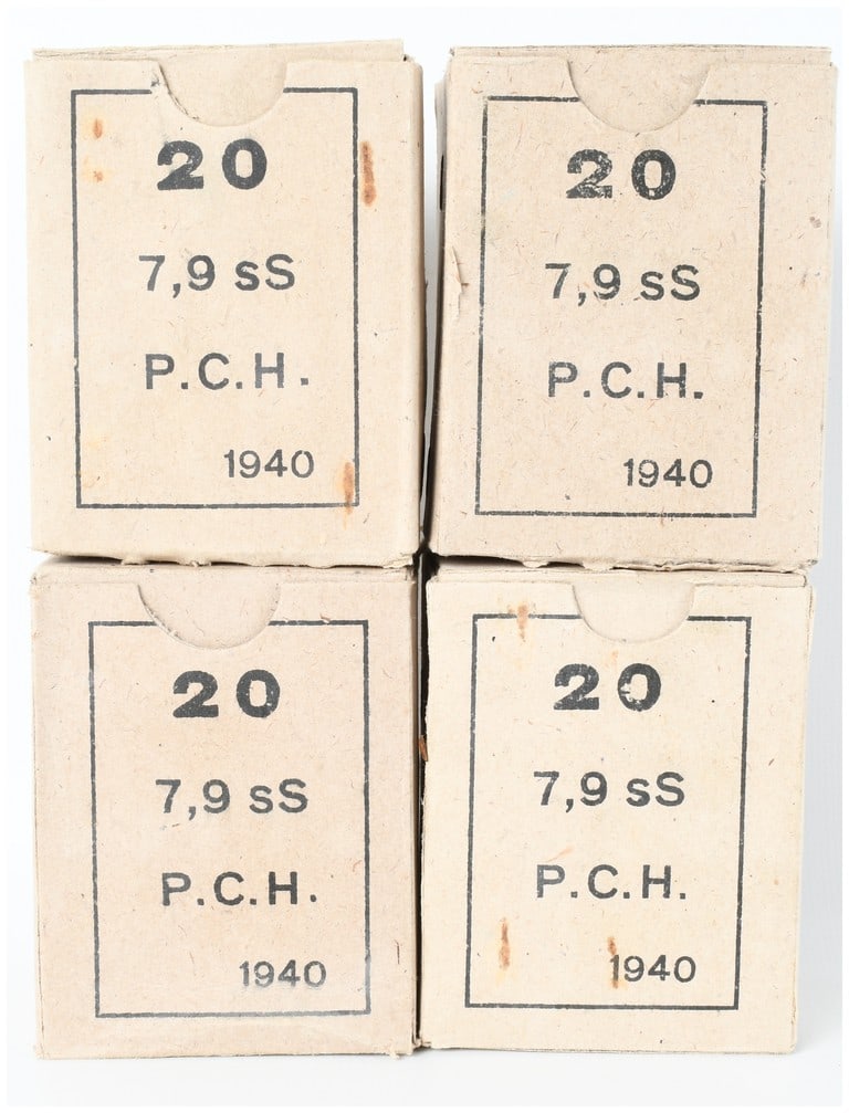 A Lot of 80 Rounds Poudrerie et Cartoucherie Hellénique Greek Military Surplus 7.92x57mm Mauser: This lot consists of 80 rounds of Greek military surplus 7.92x57mm Mauser ammunition, manufactured in 1940 by Poudrerie et Cartoucherie Hellénique (P.C.H.). The cartridges are the 198-grain sS (schwe