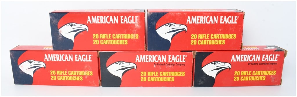 Federal American Eagle 7.62x39mm Soviet Rifle Ammunition 100 Rounds: This lot consists of a collection of 100 rounds of Federal American Eagle brand 7.62x39mm Soviet caliber rifle ammunition, divided into five individual boxes of 20 cartridges each. The ammunition feat