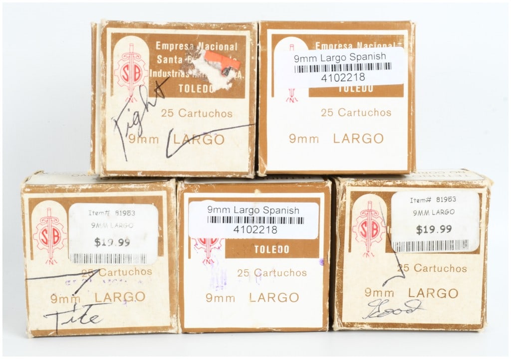 A Lot of 125 Rounds of Santa Bárbara 9mm Largo Ammunition: This lot comprises a total of 125 rounds of 9mm Largo Spanish ammunition, distributed across five original 25-round boxes. The ammunition was manufactured by Empresa Nacional Santa Bárbara de Industr