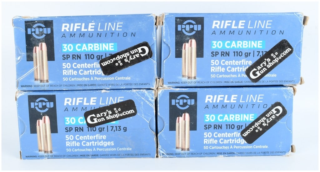 A Lot of 200 Rounds of Prvi Partizan PPU Rifle Line .30 Carbine Ammunition: This lot consists of 200 rounds of Prvi Partizan (PPU) Rifle Line ammunition chambered in .30 Carbine. The ammunition is divided into four individual factory boxes, each containing 50 centerfire cartr
