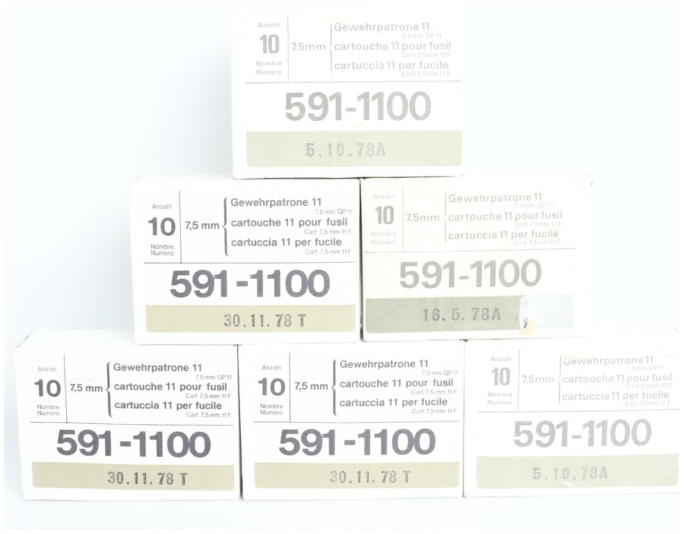 A Lot of 60 Rounds of Swiss Military GP11 Rifle Ammunition 7.5x55mm: This lot consists of sixty rounds of Swiss military GP11 rifle ammunition chambered in 7.5x55mm. The collection is comprised of six individual white cardboard boxes, each containing ten rounds. The pa