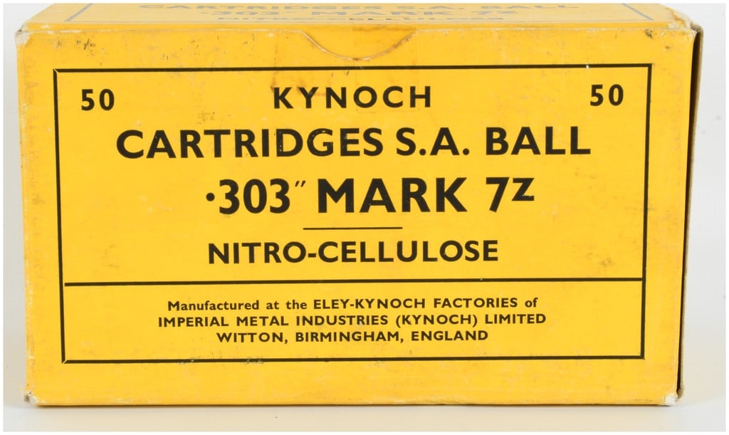 A Lot of 50 Kynoch Mark 7Z S.A. Ball Ammunition .303 British: This lot features an original factory box containing 50 rounds of .303 British centerfire ammunition manufactured by Kynoch. These cartridges are Mark 7Z S.A. Ball rounds, which utilized nitro-cellulo
