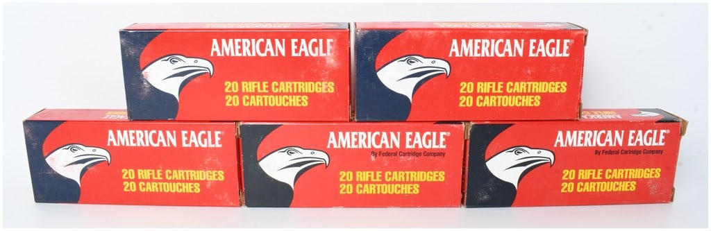 A Lot of 100 Rounds Federal American Eagle 7.62x39mm Soviet Rifle Ammunition: This lot consists of 100 rounds of Federal American Eagle brand rifle ammunition chambered in 7.62x39mm Soviet. The ammunition is loaded with 124-grain Full Metal Jacket projectiles, with some boxes