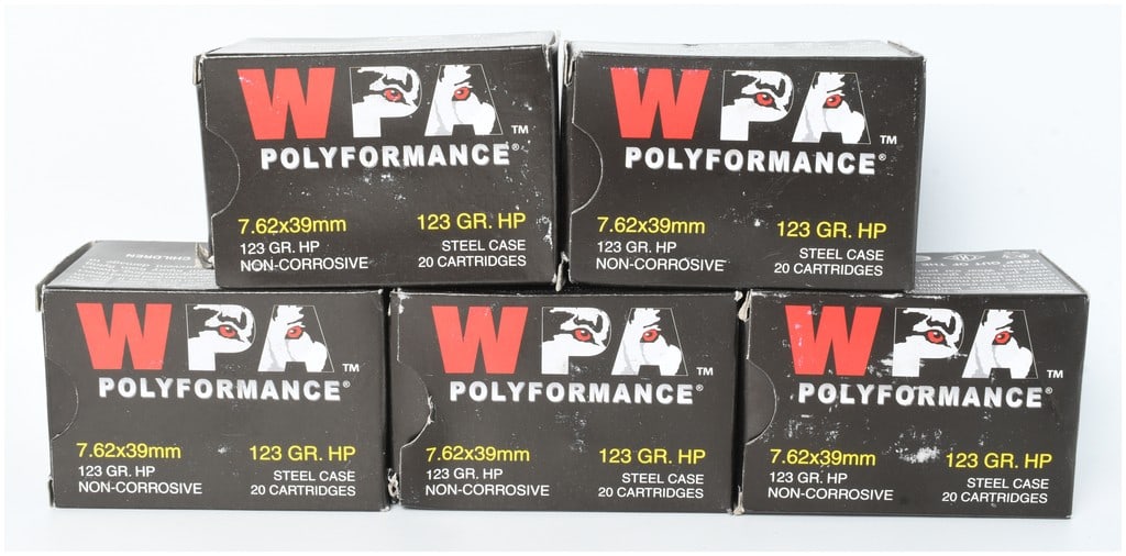 A Lot of 100 Rounds of Wolf Performance Ammunition WPA Polyformance 7.62x39mm 123 Grain Hollow Point: This lot consists of 100 rounds of 7.62x39mm ammunition produced by Wolf Performance Ammunition under the WPA Polyformance brand. The ammunition is divided into five boxes of 20 cartridges each, featu