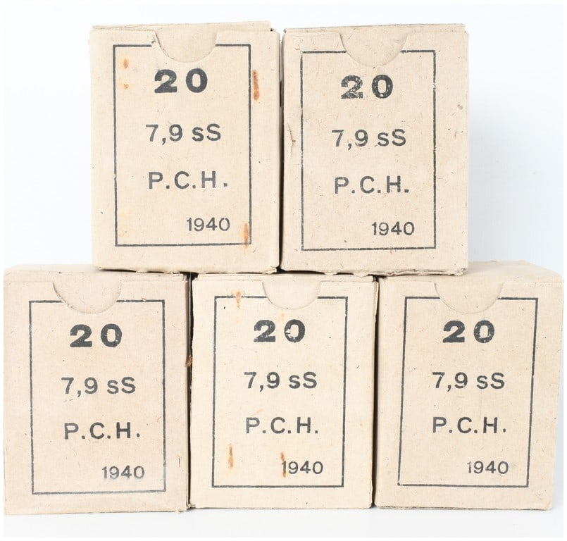 A Lot of 100 Rounds of Greek Powder and Cartridge Company 7.92x57mm Mauser Ammunition 1940: This lot consists of 100 rounds of 7.92x57mm Mauser centerfire rifle ammunition produced by the Greek Powder and Cartridge Company, also known as Pousika-Cartoucherie Hellenique (P.C.H.). The cartridg