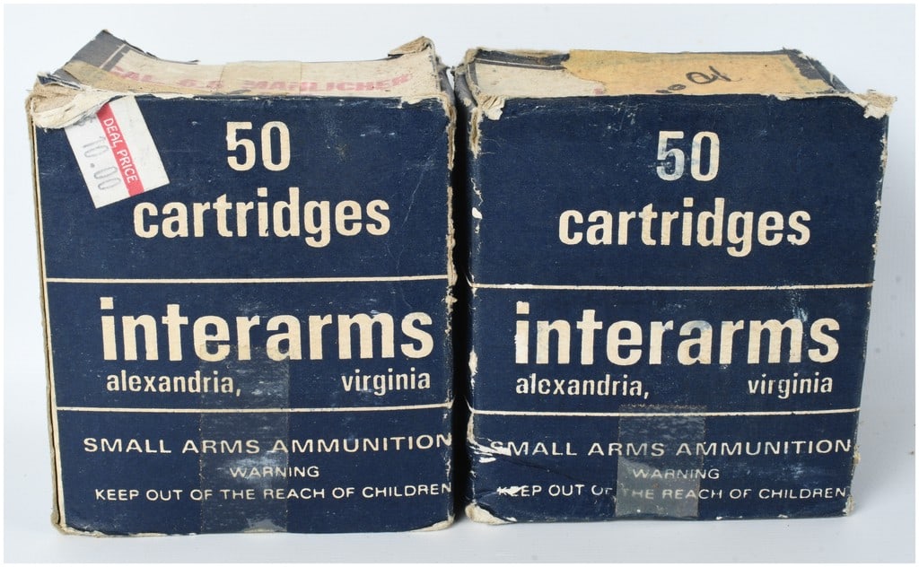 Interarms 6.5 Mannlicher Ammunition 100 Rounds: This lot consists of 100 rounds of centerfire rifle ammunition distributed by Interarms of Alexandria, Virginia. The cartridges are comprised of brass cases paired with silver-colored round-nose bulle