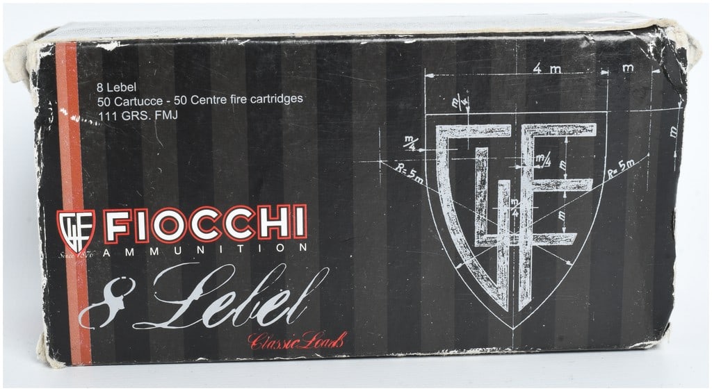 A Lot of 45 Rounds of Fiocchi Classic Loads 8mm Lebel Ammunition: This lot consists of 45 rounds of Fiocchi Classic Loads series centerfire ammunition chambered in 8mm Lebel. These cartridges feature 111-grain full metal jacket bullets seated in brass cases and are 