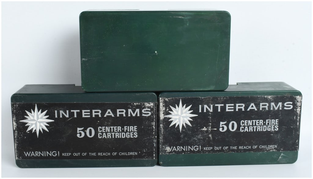 A Lot of 150 Rounds of Interarms 7.62 x 25 mm Ammunition: This lot consists of 150 rounds of 7.62 x 25 mm (.30 Mauser) center-fire ammunition distributed by Interarms and housed in three green plastic storage boxes. Each box is intended to hold 50 cartridges