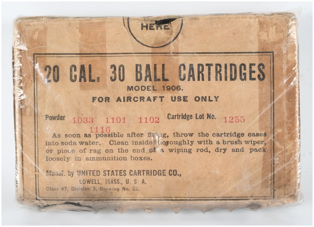 A Lot of 20 United States Cartridge Co. Model 1906 .30-06 Ball Cartridges: This lot consists of an original cardboard box containing 20 rounds of .30 caliber ball ammunition, Model 1906, specifically designated for aircraft use. Manufactured by the United States Cartridge Co