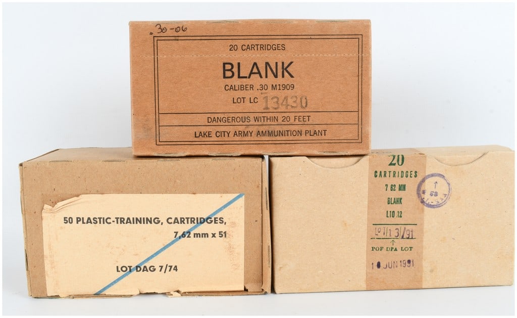 A Lot of 58 Blank and Training Cartridges in Calibers .30-06 Springfield and 7.62x51mm NATO: This lot consists of a collection of 58 rounds of military-style blank and training ammunition in various calibers and configurations. Included are Caliber .30 M1909 blank cartridges manufactured at t